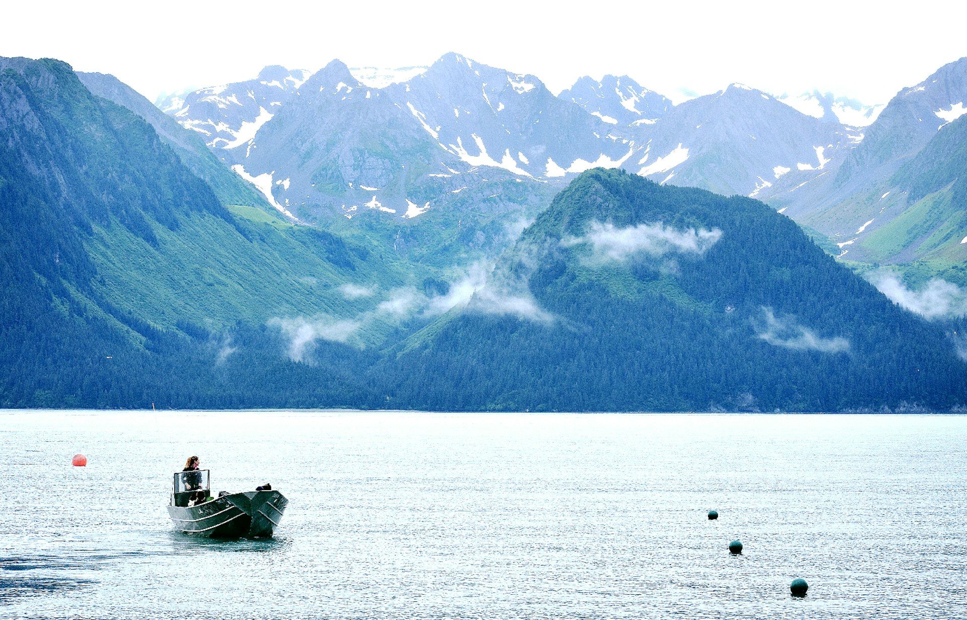 Cruise ship docked in an Alaskan bay surrounded by snow-capped mountains
