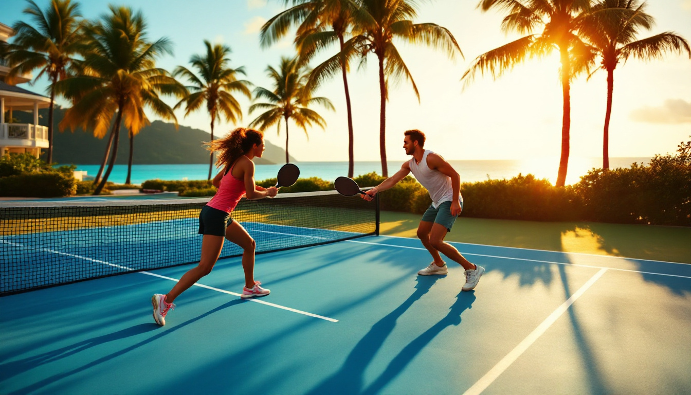 A man and a woman rally across the net on an oceanfront pickleball court at a Caribbean resort, palm trees and turquoise sea behind them in warm golden-hour light