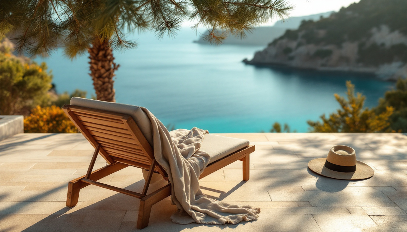 An empty teak lounge chair with a linen throw and sun hat, in dappled shade overlooking a calm bay at golden hour