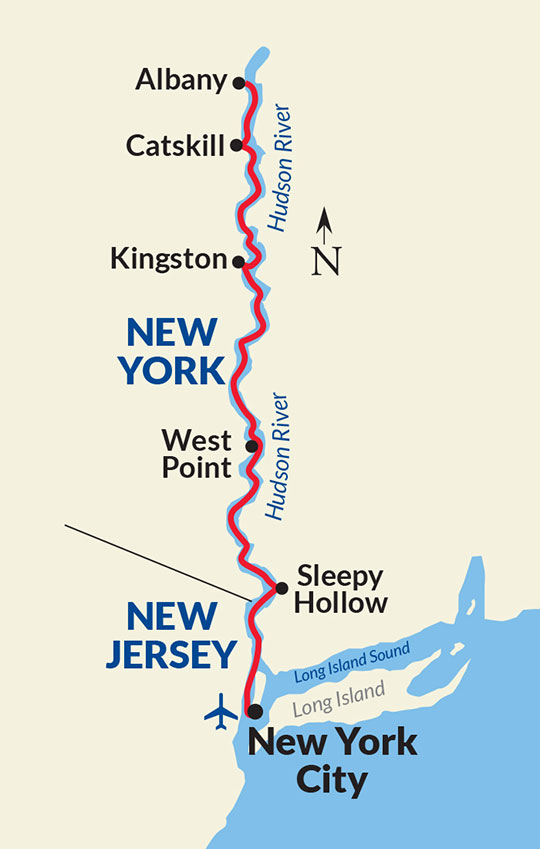 Hudson River cruise route map — NYC to Albany via Sleepy Hollow, West Point, Kingston, Catskill
