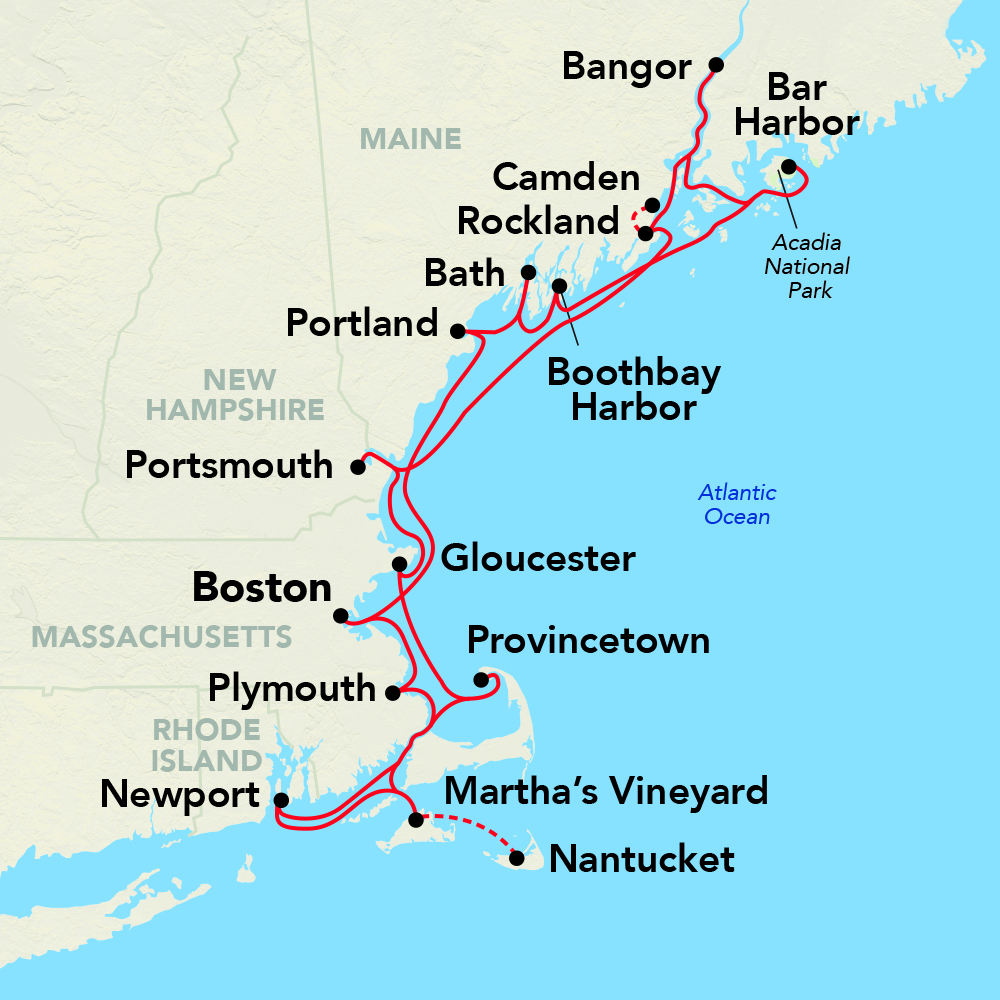 New England cruise route map — Boston through Maine, Gloucester, Newport, Martha's Vineyard
